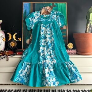 Vintage Hawaiian Tropical Blue Leaf Print Dress Small